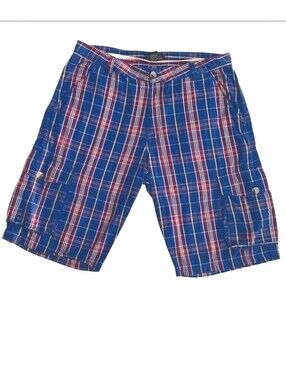 ​Cotton Reel Mens Plaid Cargo Shorts 34 Blue Red Check Cotton Casual Summer Wear